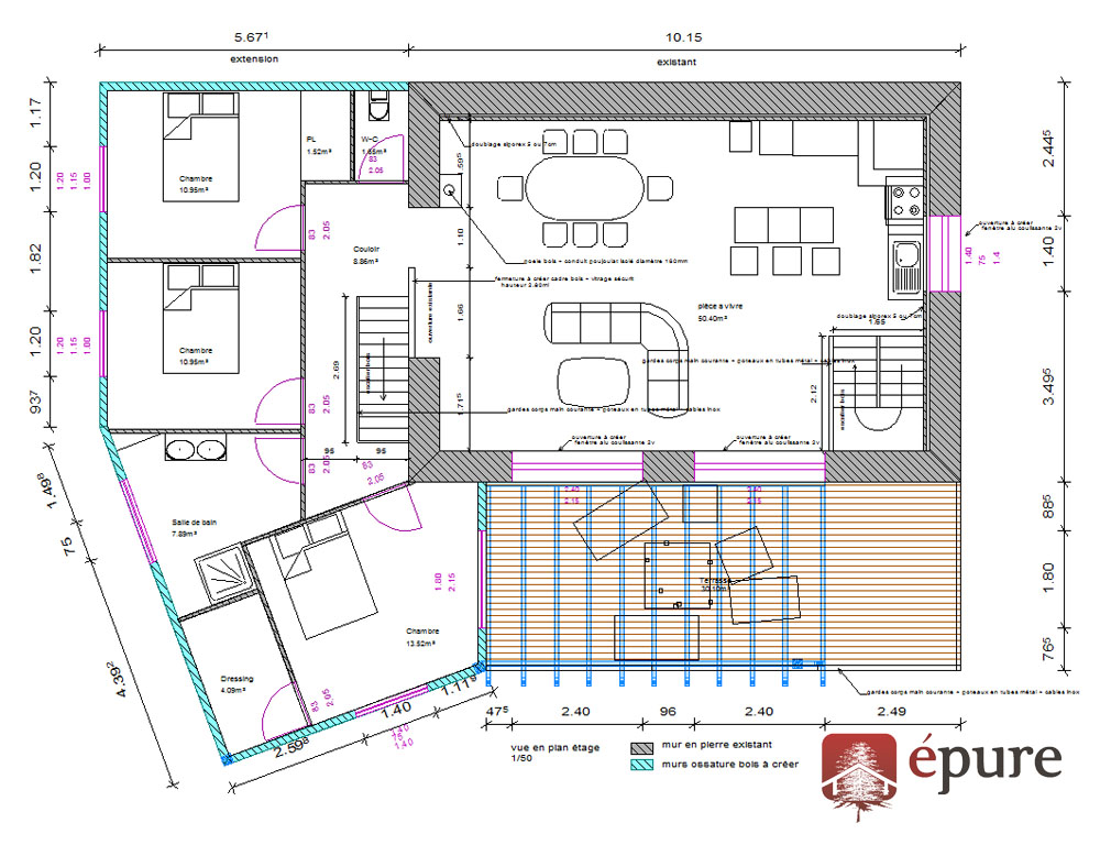 conception 2D extension ossature bois agen d'aveyron epure construction bois